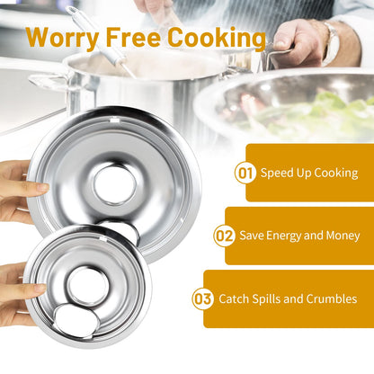 4 Pack Chrome Drip Pans, Compatible with Whirpool Kenmore Frigirate Stove Top Drip Bowls. Include 2 Pcs 6'' Range Replacement Drip Pans and 2 Pcs 8 '' Cooktop Drip Pans
