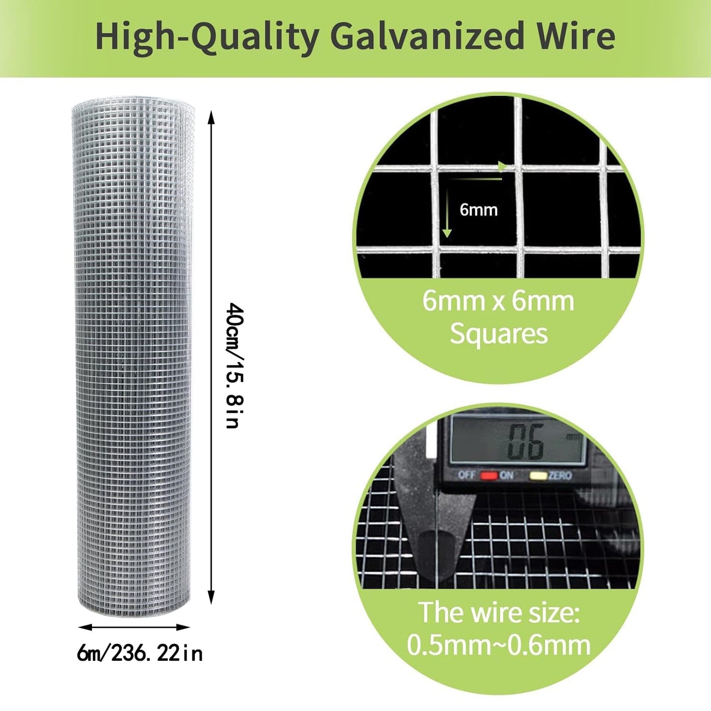 Yharnamite Galvanized Wire Mesh, 40cm x 6m, Garden Fence, Chicken Wire, Poultry Netting, DIY Projects, Silver, Stainless Steel