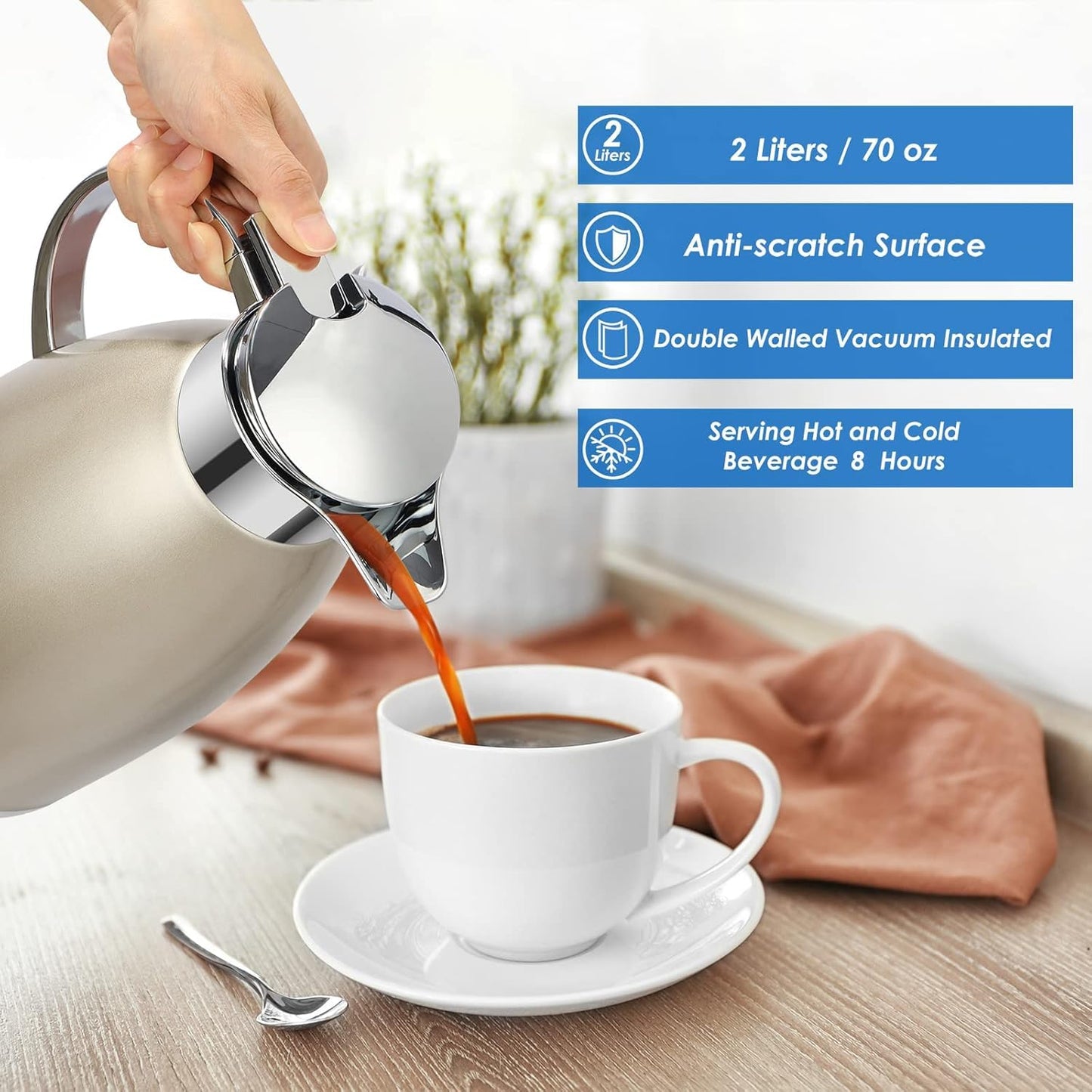 Asiulalt 2.3L/ 78oz Stainless Steel Thermal Carafe, Coffee Carafe Jugs with Lid, Double Walled Vacuum Insulated Coffee Pot with Press Button Top for Coffee/Juice/Milk/Tea etc (Golden)