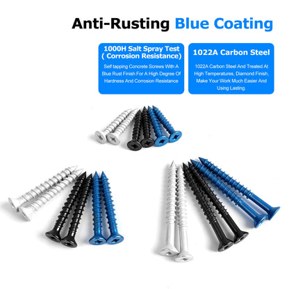 100PCS Concrete Screws Assortment Kit, Flat Head 3/16" Masonry Screws with Drill Bit and Driver Bit for Masonry