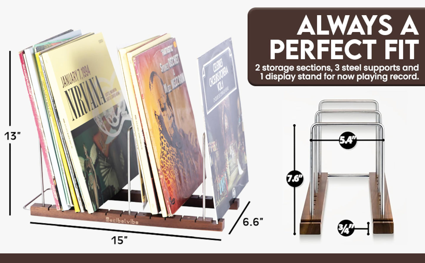 Decibelvibe Vinyl Record Storage and Now Playing Display with Stainless Steel and Solid Walnut Wood Premium Design, Up to 75 Vinyl records, for Living Room or Hifi Room