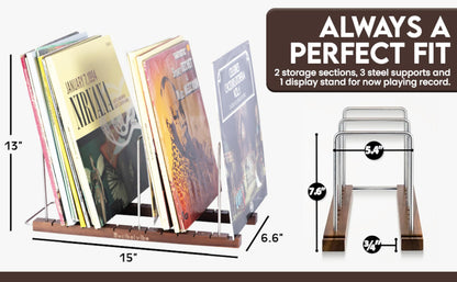 Decibelvibe Vinyl Record Storage and Now Playing Display with Stainless Steel and Solid Walnut Wood Premium Design, Up to 75 Vinyl records, for Living Room or Hifi Room