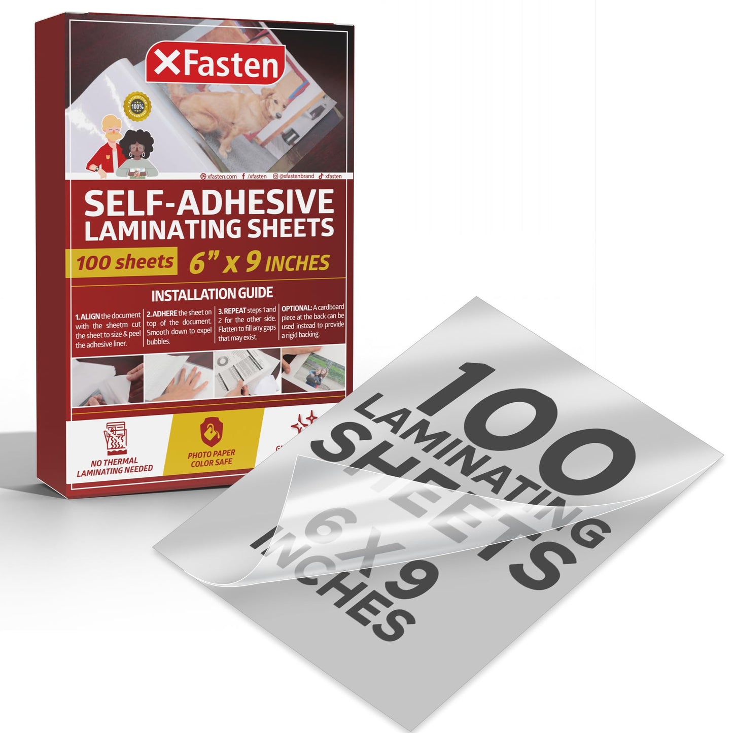 XFasten Self-Adhesive Laminating Sheets, 6 x 9 Inches, Pack of 100, 4.76 mil, Archival Safe and Yellowing Resistant Heavyweight Self Laminating Sheets