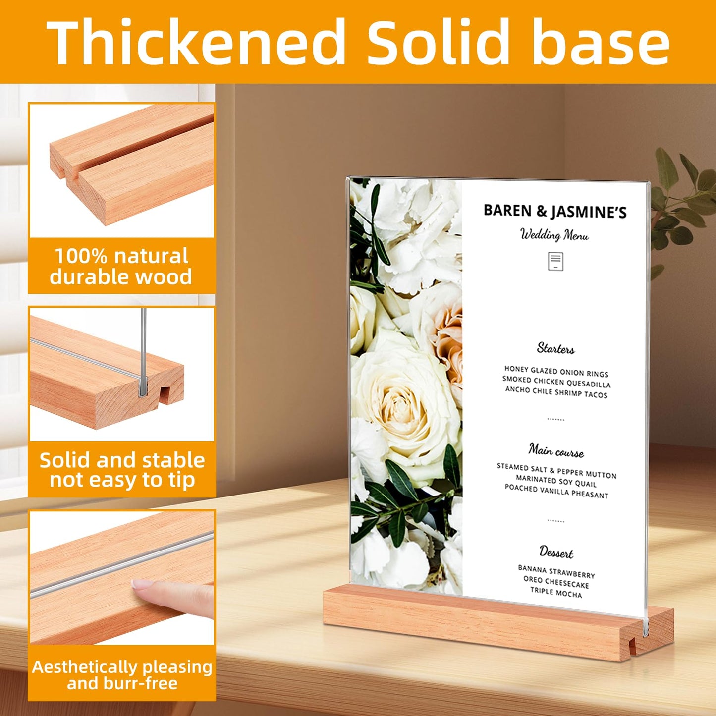 Acrylic Sign Holder 8.5x11, Clear Table Display Stand With Wooden Base, L Shape Slant Back Design Acrylic Frame Plastic Paper Menu Holder Detachable Base Flyer Holder for Office Store Home-3Pack