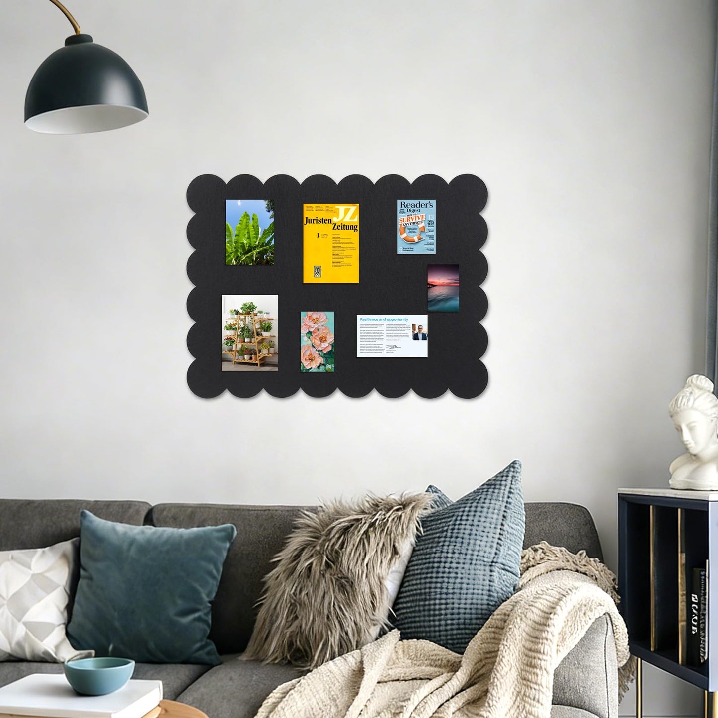 Scalloped Felt Bulletin Board, 24 x 18 Inches Pin Cork Board with 20 Pushpins - Decorative Cork Alternative for Wall, Foldable Picture Self Adhesive Vision Prayer Board - Black