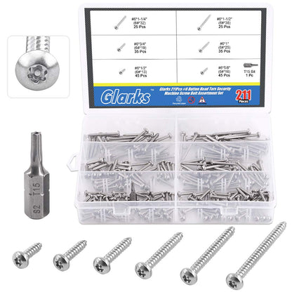 Glarks 211Pcs #8 x 1/2'' / 5/8'' / 3/4'' / 1" / 1-1/4'' / 1-1/2'' Button Head Torx Security Sheet Metal Screws Assortment Set, 6 Size Stainless Steel Tamper Resistant Screws with T20 Bit
