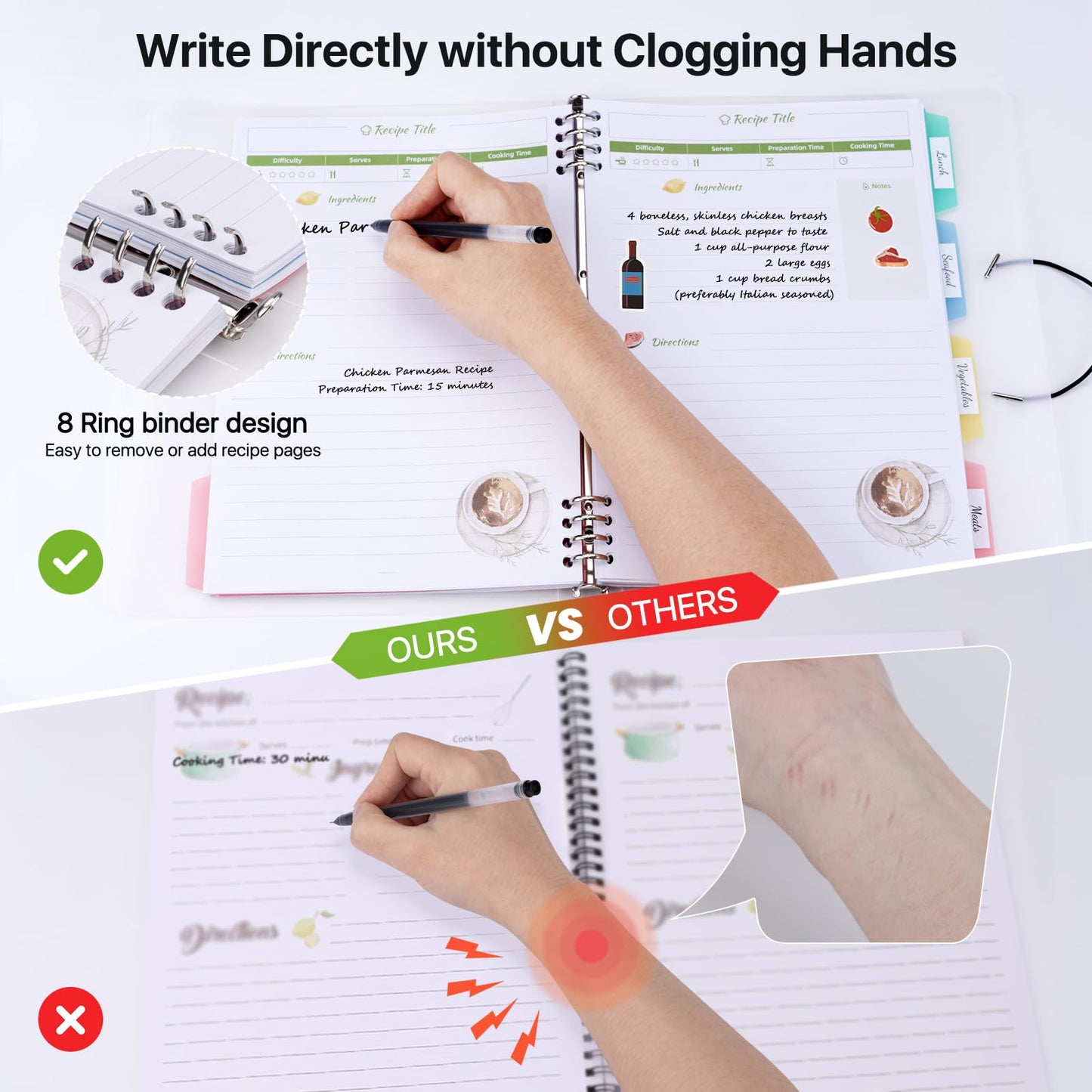 WEMATE Recipe Book to Write in Your Own Recipes, Blank Recipe Book 8.5x11 Inches, 8 Ring Recipe Binder with Plastic Frosted Cover, 8 Dividers and 272 Recipe Pages, Personal Family Cookbook as Gift