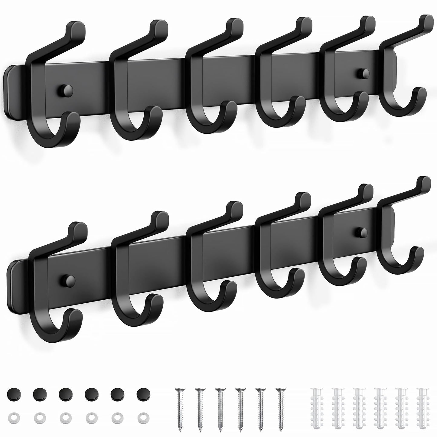 Coat Rack Wall Mounted Heavy-Duty: Metal Coat Hanger 6 Hooks for Hanging Hat, Clothes, Robe, Keys, Backpack, Bathroom Towels, Jacket, Purse - Closet, Door, Entryway, Mudroom (Black, 2 Pack)