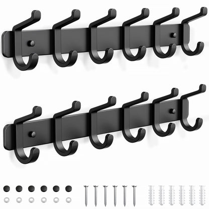 Coat Rack Wall Mounted Heavy-Duty: Metal Coat Hanger 6 Hooks for Hanging Hat, Clothes, Robe, Keys, Backpack, Bathroom Towels, Jacket, Purse - Closet, Door, Entryway, Mudroom (Black, 2 Pack)
