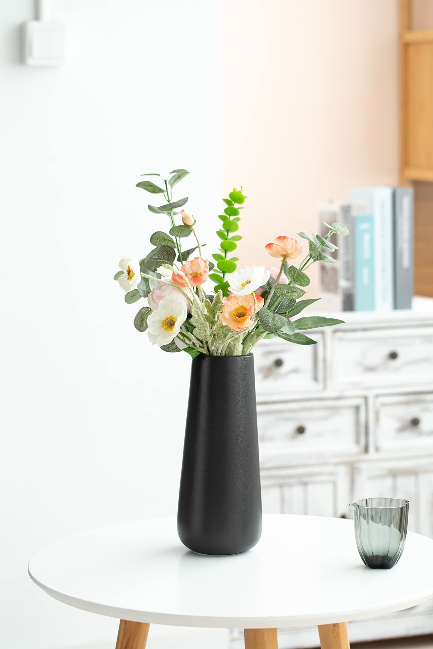 11 Inch Tall Matt Black Ceramic Vases for Flowers & Pampas Grass, Classic Rustic Style Decorative Vase for Home Decor Table Centerpieces