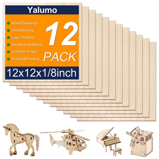 Yalumo Basswood Sheets 12 x 12 x 1/8 Inch, 12 Packs Plywood Sheets Unfinished Wood for Crafts 3mm Thick Basswood for Laser Cutting, Diy Architectural Models, Engraving, Wood Burning, Painting