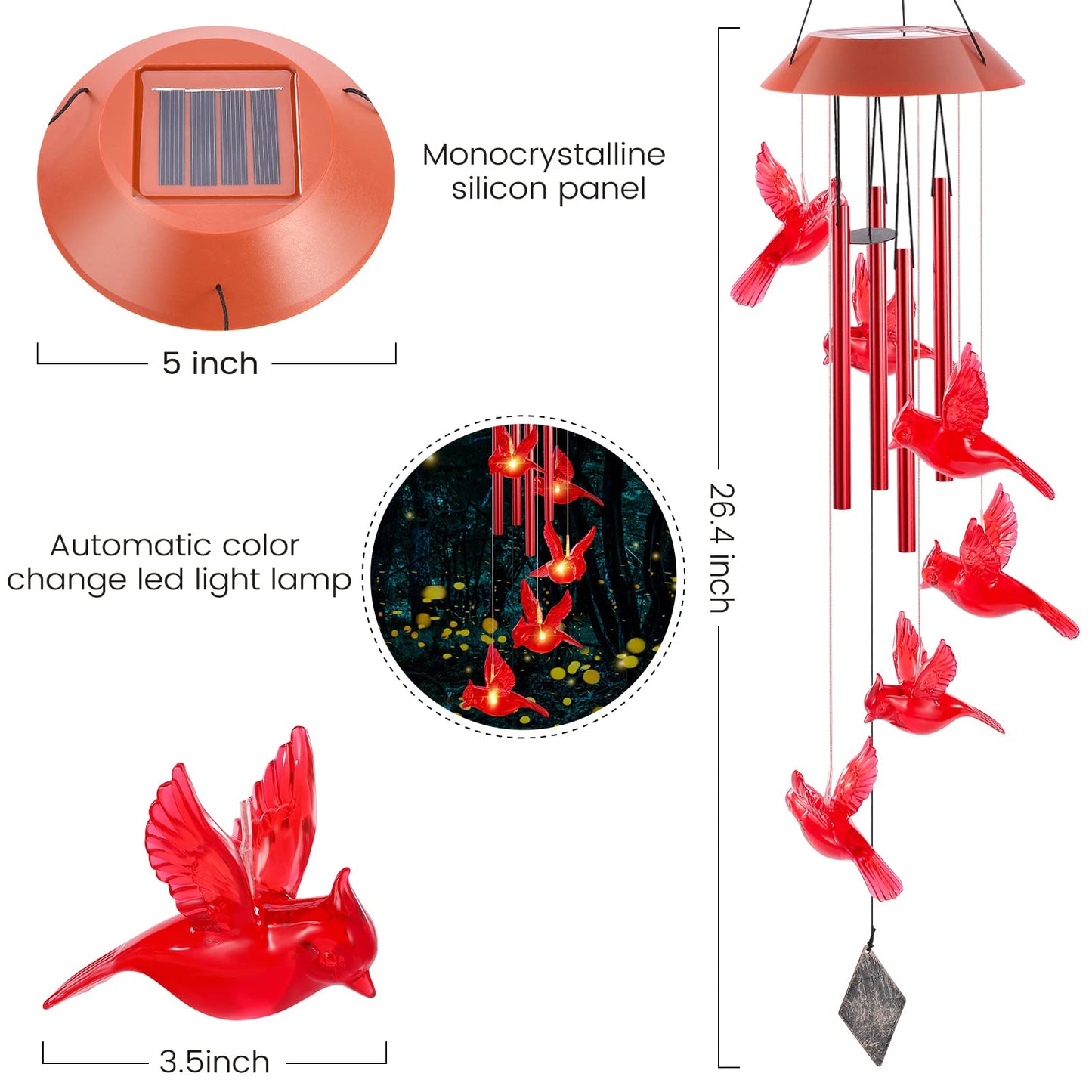Cardinal Solar Wind Chimes,Red Bird Chimes for Outside Garden Decor, Garden Gifts Women Birthday/Thanksgiving/Christmas, for Mom Grandma