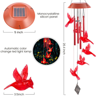 Cardinal Solar Wind Chimes,Red Bird Chimes for Outside Garden Decor, Garden Gifts Women Birthday/Thanksgiving/Christmas, for Mom Grandma