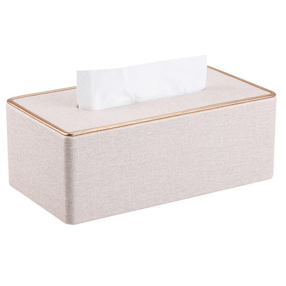 KINGFOM Rectangular PU Leather Tissue Box Holder, Facial Tissue Case Napkin Dispenser for Home Office Car Automotive Decoration with Gold Line(Pearl White-L)