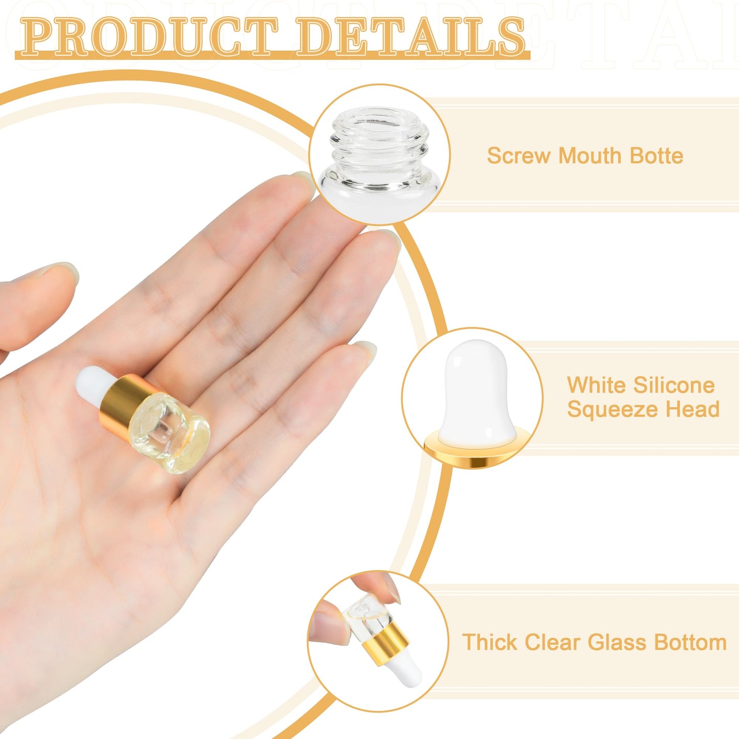 Mini Glass Dropper Bottle for Essential Oil,1ml Small Clear Sample Dropper Vails with Gold Cap,Perfume Cosmetic Liquid Containers for Traveling (1ml, 100pcs)