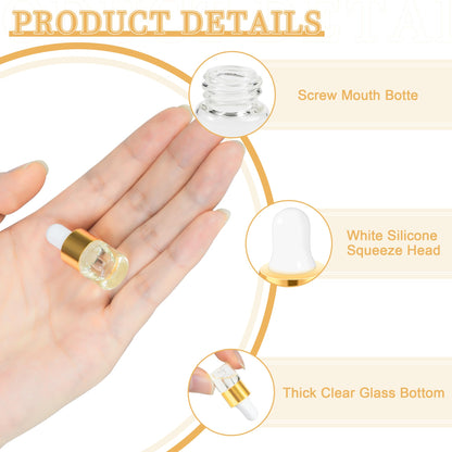 Mini Glass Dropper Bottle for Essential Oil,1ml Small Clear Sample Dropper Vails with Gold Cap,Perfume Cosmetic Liquid Containers for Traveling (1ml, 100pcs)
