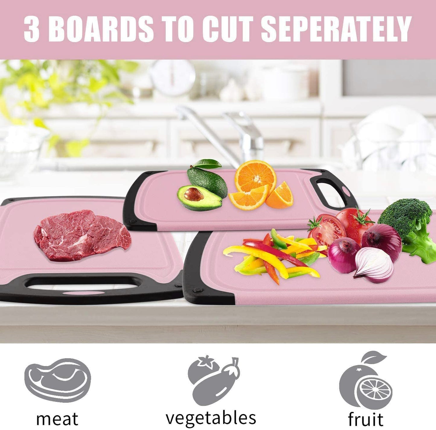 Cutting Boards Kitchen Cutting Board (3-Piece Set) Chopping Boards- Plastic Cutting Boards Set, Juice Grooves, BPA-Free and Dishwasher Safe (Pink)