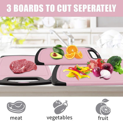 Cutting Boards Kitchen Cutting Board (3-Piece Set) Chopping Boards- Plastic Cutting Boards Set, Juice Grooves, BPA-Free and Dishwasher Safe (Pink)
