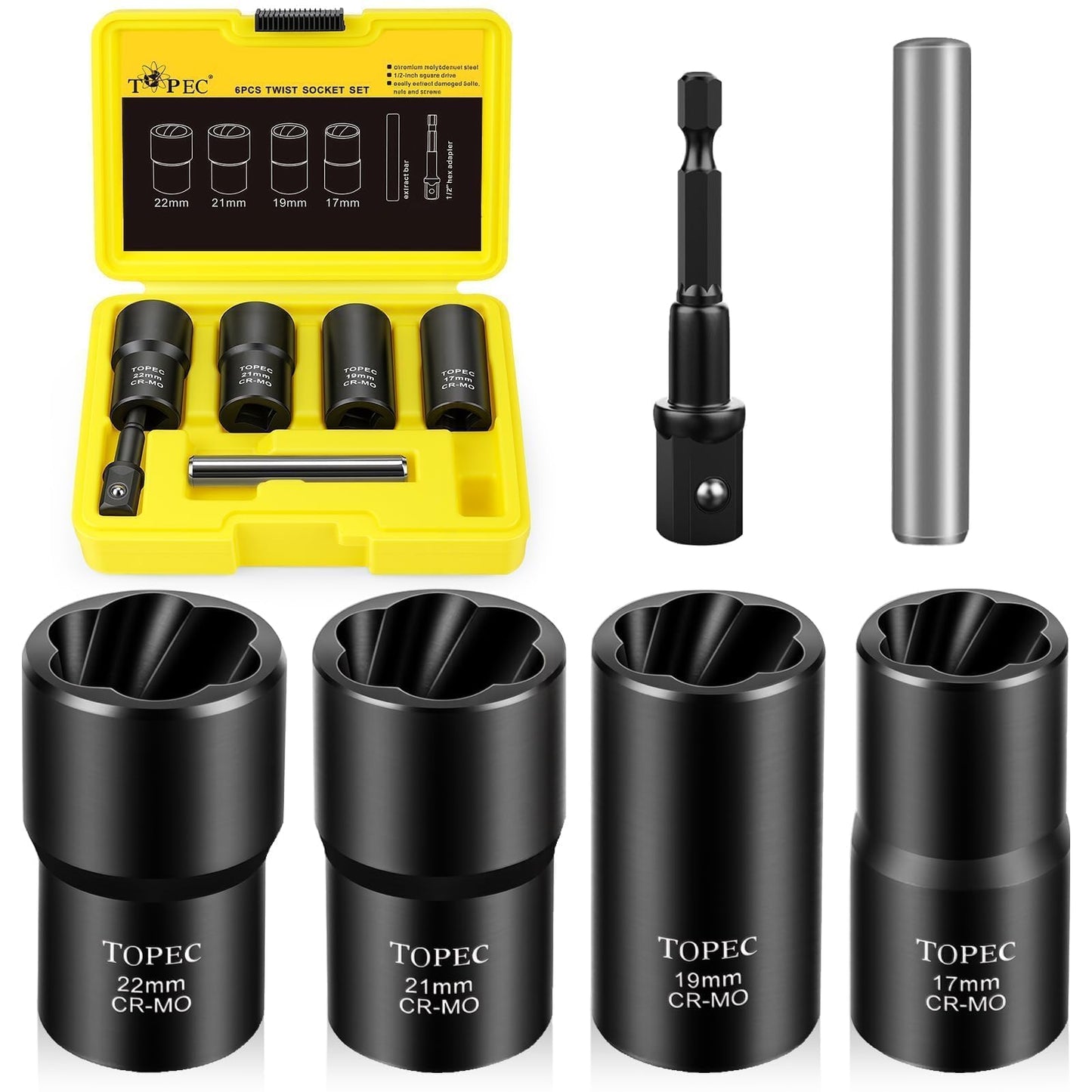 Topec 6PCS Lug Nut Removal Tool, 1/2-Inch Drive Wheel Lock Removal Kit, 17,19,21,22mm Stripped Lug Nut Remover, Extractor Socket Set for Broken, Damaged, Rounded Bolts