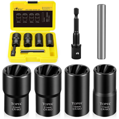 Topec 6PCS Lug Nut Removal Tool, 1/2-Inch Drive Wheel Lock Removal Kit, 17,19,21,22mm Stripped Lug Nut Remover, Extractor Socket Set for Broken, Damaged, Rounded Bolts