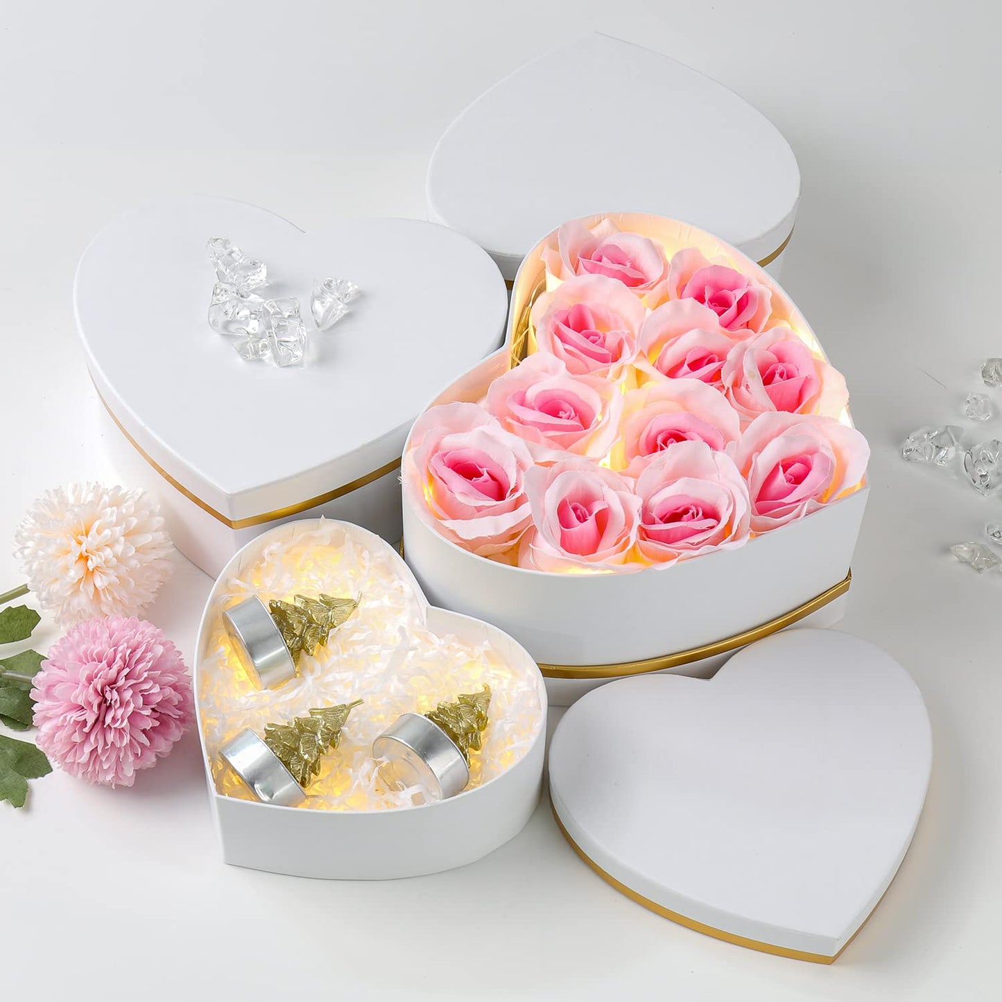 White Gift Boxes with Lids for Present Heart Shaped Flower Boxes for Arrangements Set of 4 Floral Gift Boxes for Bridesmaid, Proposal, Wedding, Birthday, Baby Showers