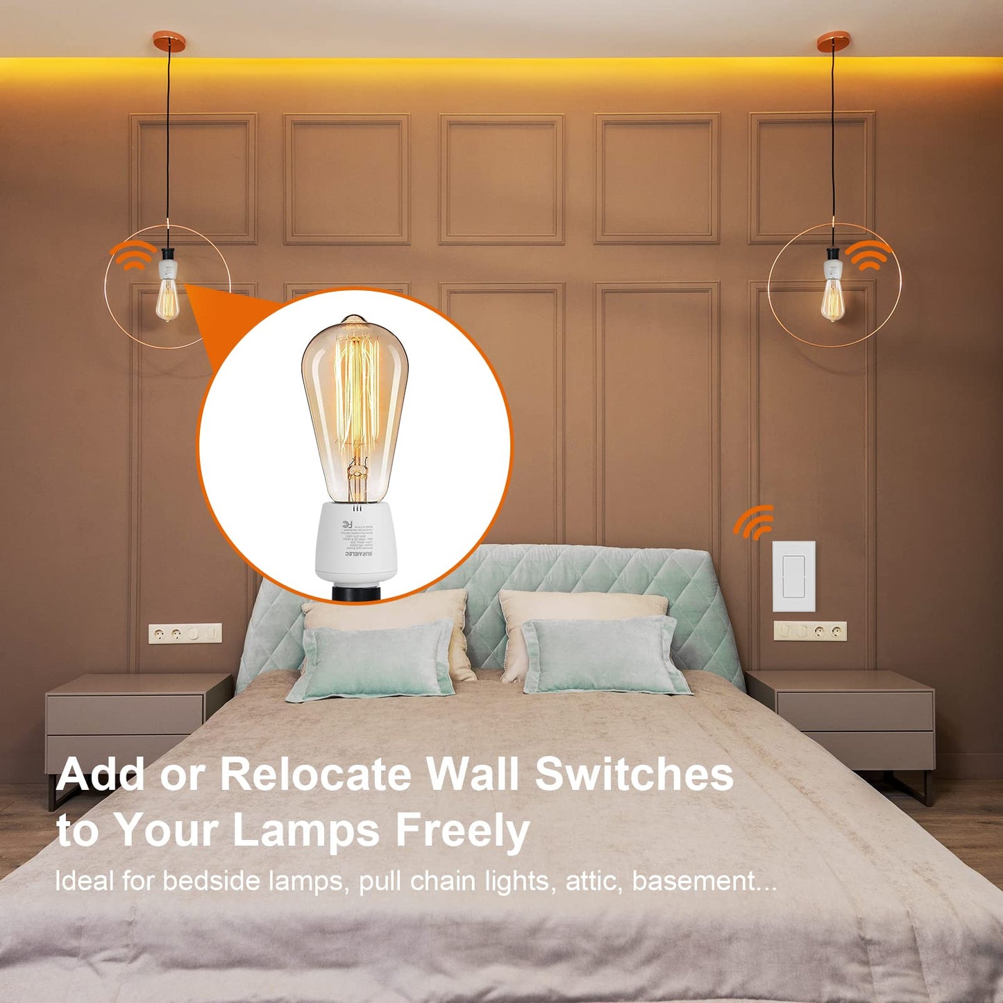Suraielec Remote Control Light Socket, Wall Mount Switch, E26 E27 Lamp Socket, No Wiring, 100FT Range, Wireless Light Switch for Lamps, Pull Chain Light Fixture (1 Remote+2 Sockets, Shorter Version)