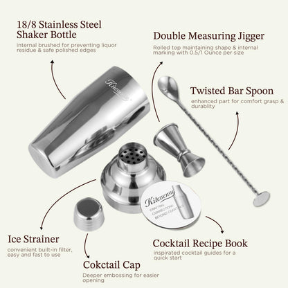 25oz Cocktail Shaker Set - Drink Shaker with Bartender Strainer - Professional Drink Mixer Set for Beginners - Silver - KITESSENSU