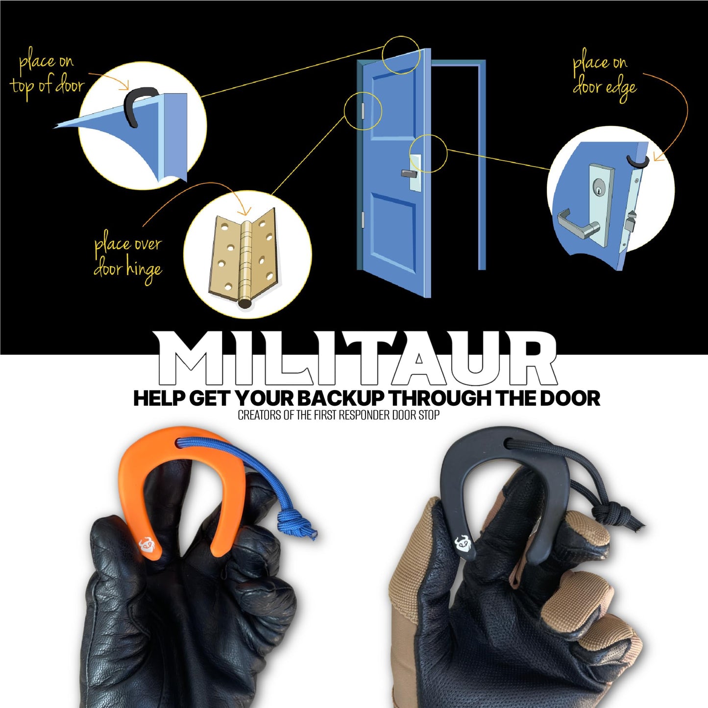 Militaur First Responder Door Stop/Jam Multi (3 Pack) – Fits Molle, Tactical Door Jam for Police, EMS, EMT, Firefighters, Security (2 Black & 1 Orange)