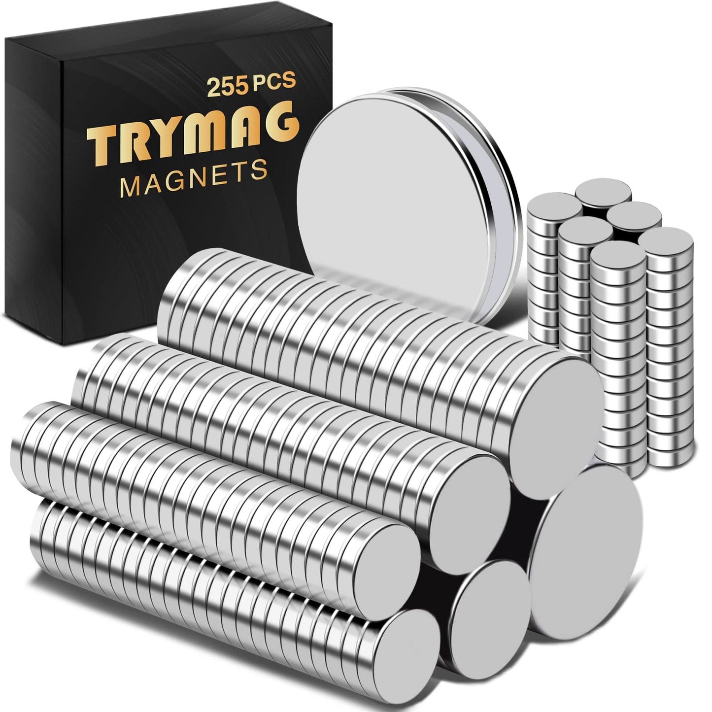 TRYMAG 255Pcs Small Magnets, 32X2mm 2P, 15X2mm 20P, 12x2mm 25P, 10x2mm 50P, 8X2mm 70P, 3x2mm 88P, 6 Different Size, Rare Earth Magnets for Crafts, Heavy Duty Round Refrigerator Magnet