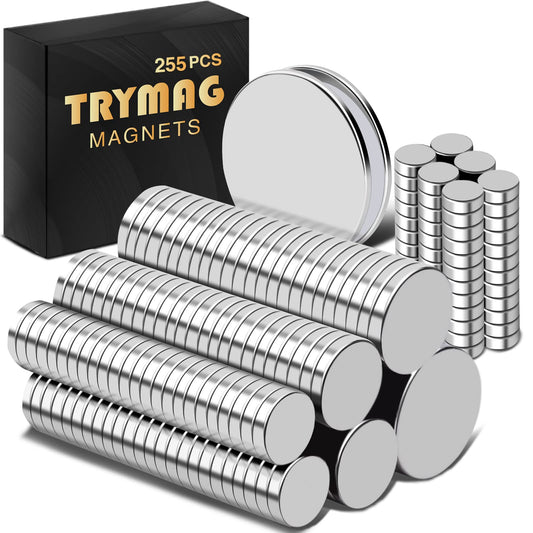 TRYMAG 255Pcs Small Magnets, 32X2mm 2P, 15X2mm 20P, 12x2mm 25P, 10x2mm 50P, 8X2mm 70P, 3x2mm 88P, 6 Different Size, Rare Earth Magnets for Crafts, Heavy Duty Round Refrigerator Magnet