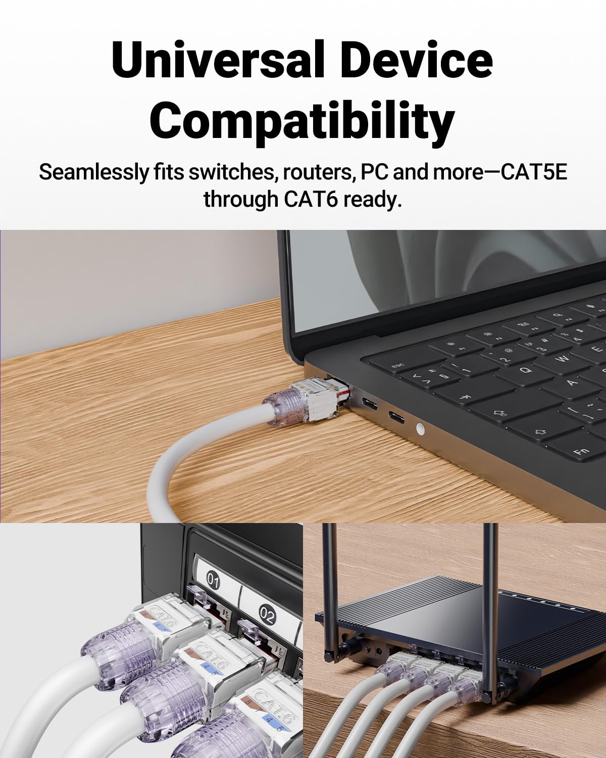 VCELINK CAT6 Tool-Free RJ45 Connector, No-Crimp Compact UTP Reusable Plug for Field Termination for 23-26 AWG Ethernet Cables, 1000 Mbps, Transparent Purple, 6-Pack