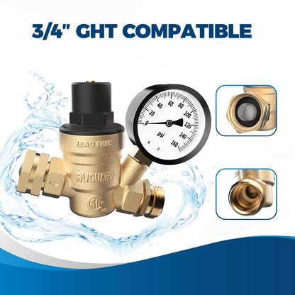 RVGUARD RV Water Pressure Regulator Valve, Lead-Free Brass Adjustable Water Pressure Reducer with Gauge and Inlet Screen Filter for RV Camper Travel Trailer