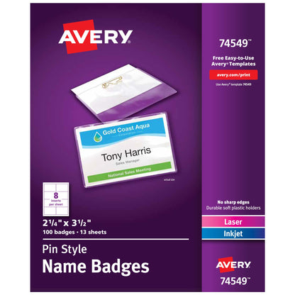 Pin Style Name Badges, Flexible Holder, 2-1/4" x 3-1/2"