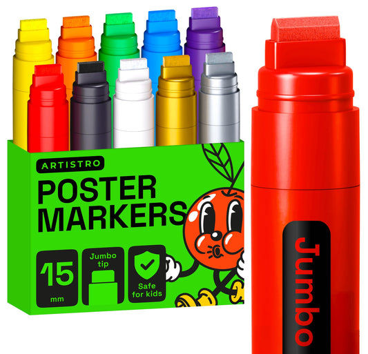 ARTISTRO 10 Jumbo Colored Markers, 15mm Jumbo Felt Tip, Acrylic Paint Markers for Rock Painting, Stone, Ceramic, Glass, Wood, Canvas