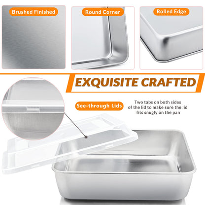8 x 8-Inch Baking Pan with lid, E-far Square Cake Brownie Baking Pans Stainless Steel Bakeware Set of 2, Non-toxic & Healthy, Easy Clean & Dishwasher Safe - 4 Pieces(2 Pans + 2 Lids)