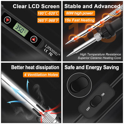 Soldering Iron Kit 80W LCD Adjustable Temperature 180-520℃ Solder Kit Electronics 12 in 1 Welding Tools with ON/Off Switch, Solder Wire, 5 Soldering Tips, Desoldering Pump, Stand, Tweezers
