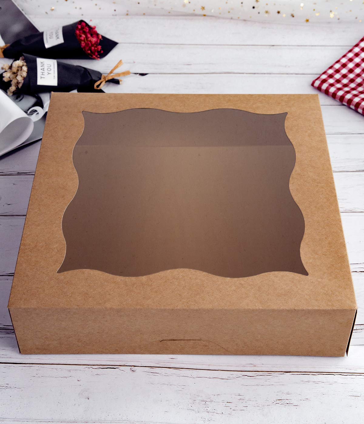 12x12x3inch Brown Bakery Boxes with PVC Window for Pie and Cookies Boxes Large Natural Kraft Paper Box, Pack of 12