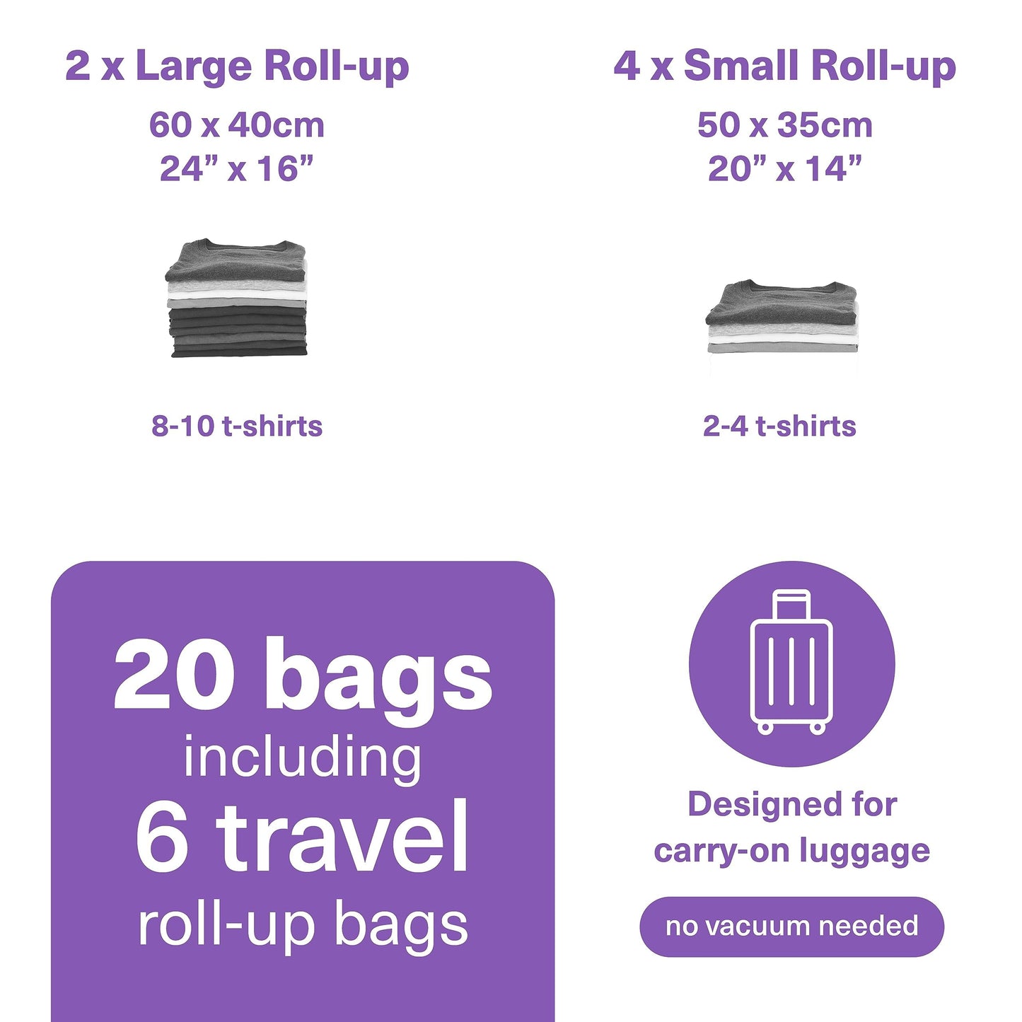 BRAMBLE 20 Pack Vacuum Storage Bags (2 XL Jumbo, 2 Jumbo, 2 Large, 2 Medium, 6 Small, 6 Roll Up) Space Saver Sealer Compression Bags for Clothes, Pillows, Comforters, Blankets, Hand Pump Included