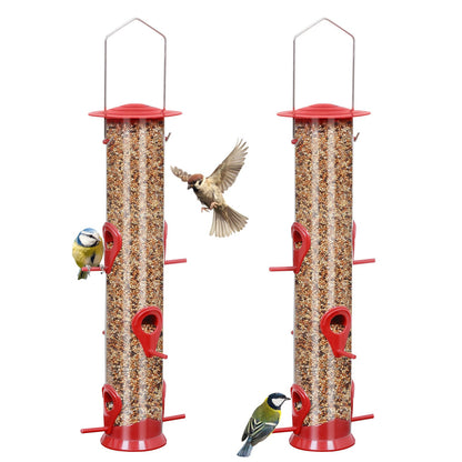 Bird Feeder Hanging Classic Tube Hanging Feeders with 6 Feeding Ports Premium Hard Plastic with Steel Hanger Weatherproof and Water Resistant Great for Attracting Birds Outdoors Garden Red 2Packs