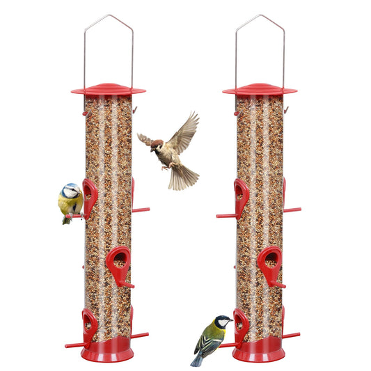 Bird Feeder Hanging Classic Tube Hanging Feeders with 6 Feeding Ports Premium Hard Plastic with Steel Hanger Weatherproof and Water Resistant Great for Attracting Birds Outdoors Garden Red 2Packs