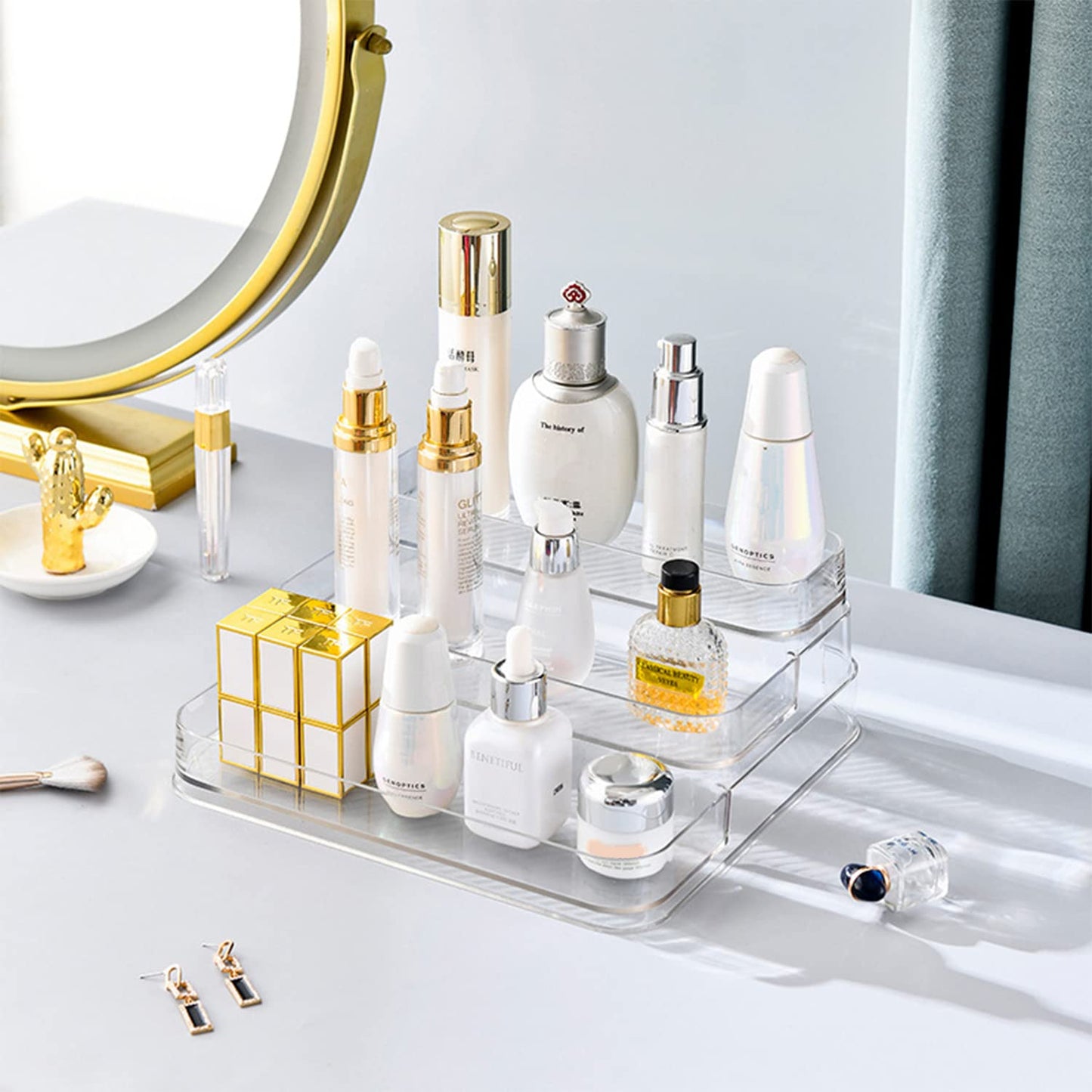 Zilphoba Acrylic Spice Rack, No Assembly Clear 3 Tier Condiment Bottle Shelf Vanity Organizer for Cabinet Kitchen Bathroom (1pcs)