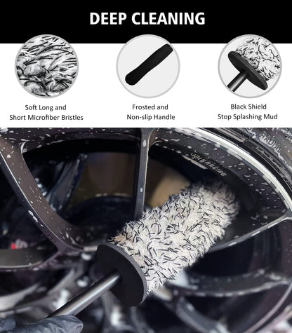 YeewayVeh 4Pack Car Wheel Cleaning Kit, Bendable Wheel Brush and Microfiber Rim Cleaner Brush, Tire Brush and Car Detailing Brush, Soft & No-Scratch Auto Wheels Cleaning Set for All Wheel Types, Red