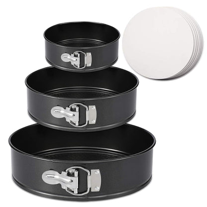 3Pcs Springform Pan Set, 4"/7"/9" Non-Stick Cheesecake Pan, Leakproof Round Cake Pan,Removable Bottom Quick Release Latch Moulds for Birthday Cake,Gift Free 50 Pcs Cake Paper