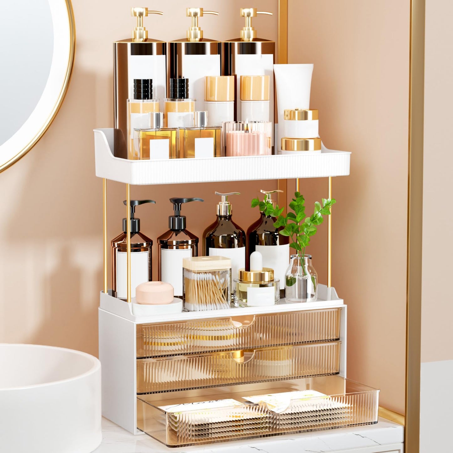 3 Drawers Makeup Organizer - 5 Tier Bathroom Organizers and Storage, Stackable Versatile Perfume Vanity Organizer, Ideal for Cosmetic, Large Skincare, Face Mask, Office Supplies, Amber
