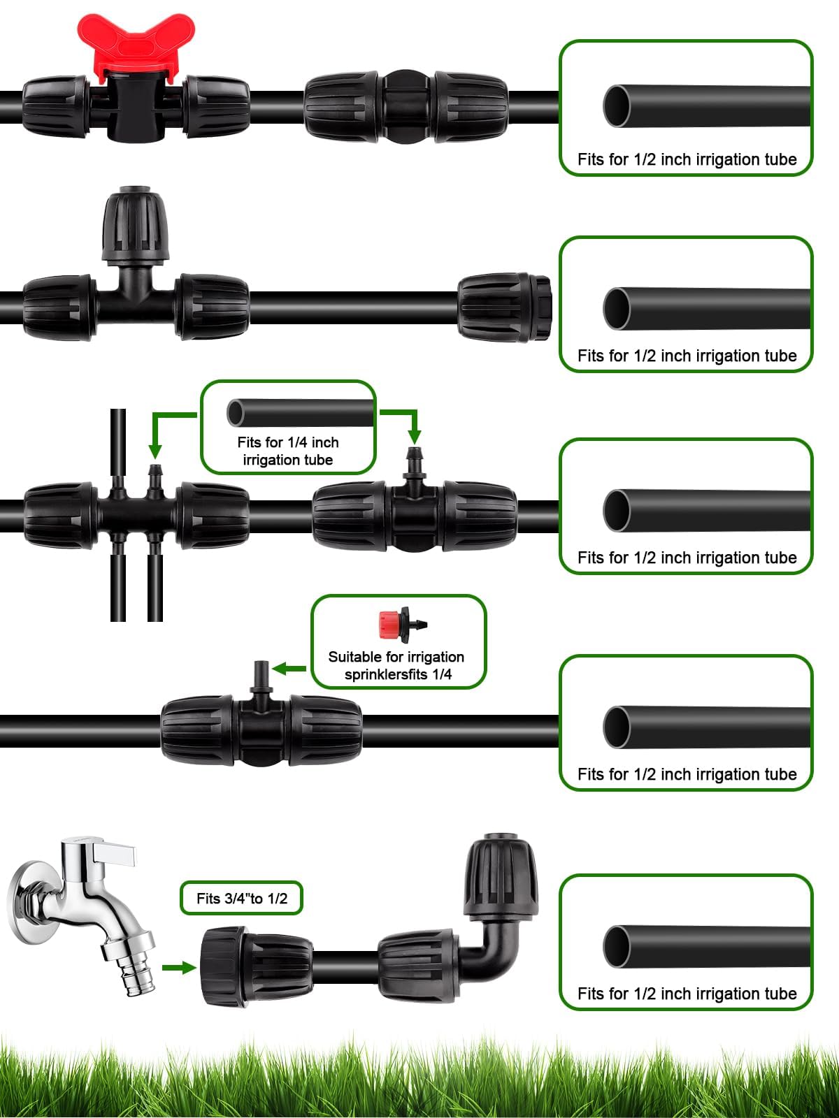 24 Pcs 1/2 inch Tubing Irrigation Fittings Kit, Kalolary Barbed Locked Connectors for Garden Lawn Drip Irrigation System(Switch Valves, T Connectors, Tees, Elbows, Ends, 1/2" to 1/4" tubing Reducers)