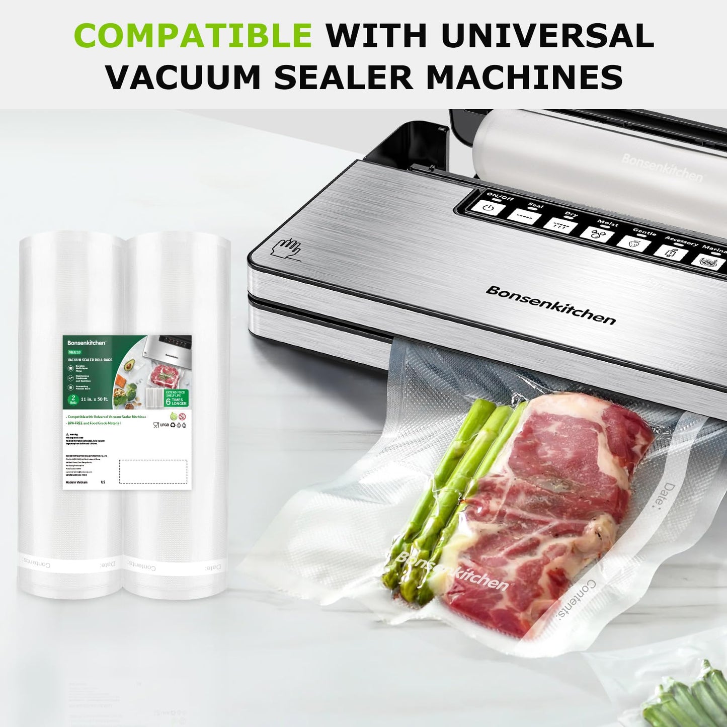 Bonsenkitchen Vacuum Sealer Bags, 11 in x 50 ft Rolls 2 Pack Food Vacuum Storage Bags, BPA Free, Food Grade, Customized Size Vcuum Bag for Vac Storage, Meal Prep or Sous Vide Cooking, VB3210