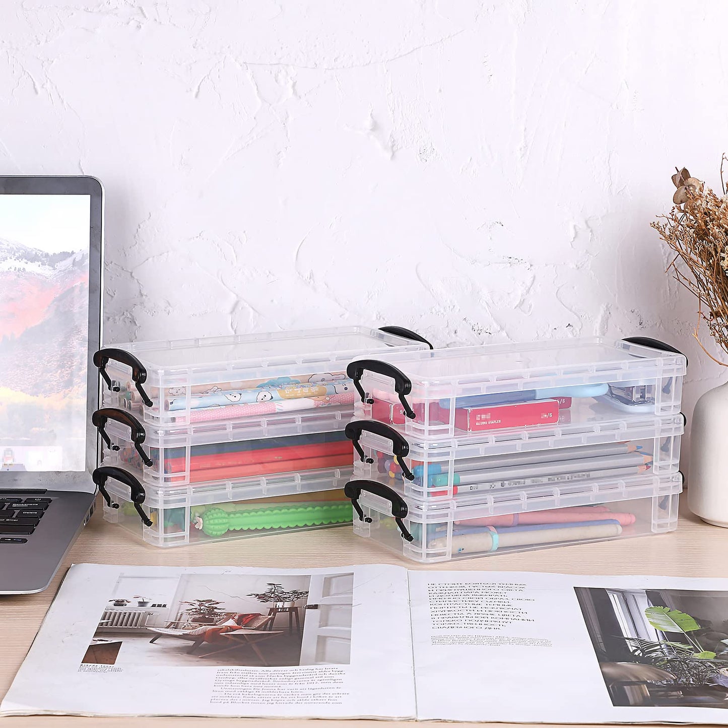 BTSKY Pack of 6 Large Capacity Stackable Pencil Case, Office Supplies Pen Holder Box,Clear Stationery Storage Box for Watercolor Pen Brush Painting Pencil Drawing Tools, Black