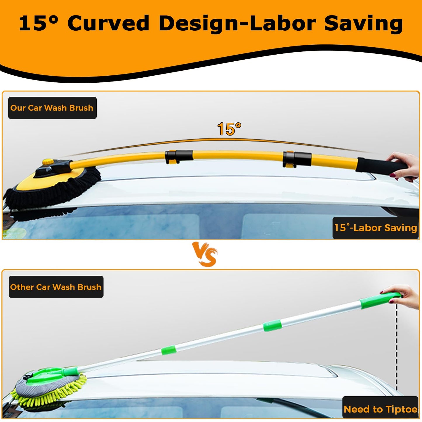 15° Arch Car Wash Brush with Long Handle 43" Telescopic Truck Camper Cleaning Mop RV Automotive Wheel Boat Windshield Exterior Interior 2 in 1 Microfiber Carwash Duster Not Hurt Paint Scratch Free