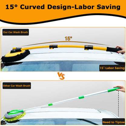15° Arch Car Wash Brush with Long Handle 43" Telescopic Truck Camper Cleaning Mop RV Automotive Wheel Boat Windshield Exterior Interior 2 in 1 Microfiber Carwash Duster Not Hurt Paint Scratch Free