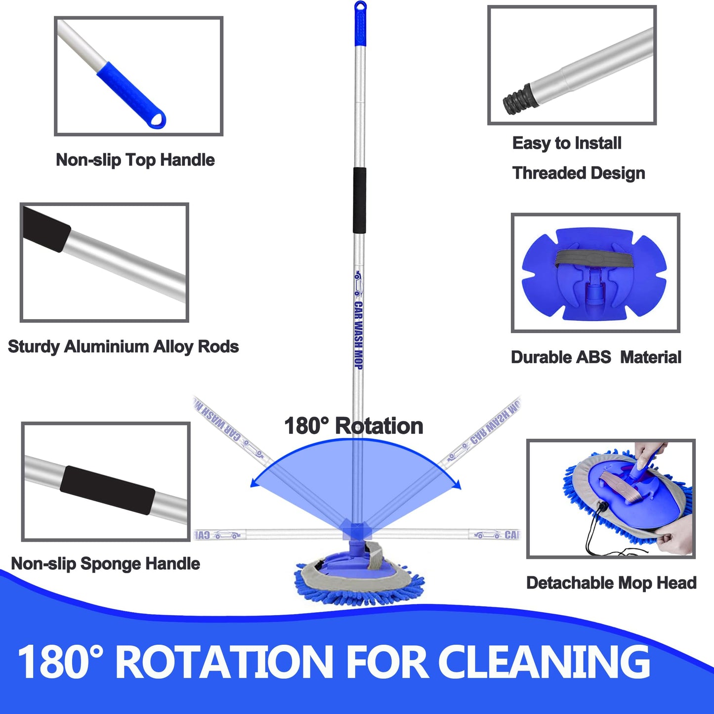 160cm 63" Car Wash Brush with Telescopic Long Handle 2 in 1 Microfiber Truck Cleaning Mop RV Trailer Windshield Vehicle Interior Exterior Detailing Kit Soft Duster Scratch Free (3 X Mop Head)